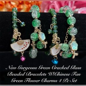 Springtime Green Crackle Glass Beaded Bracelet W/Fan & Flower Charms 4pc
